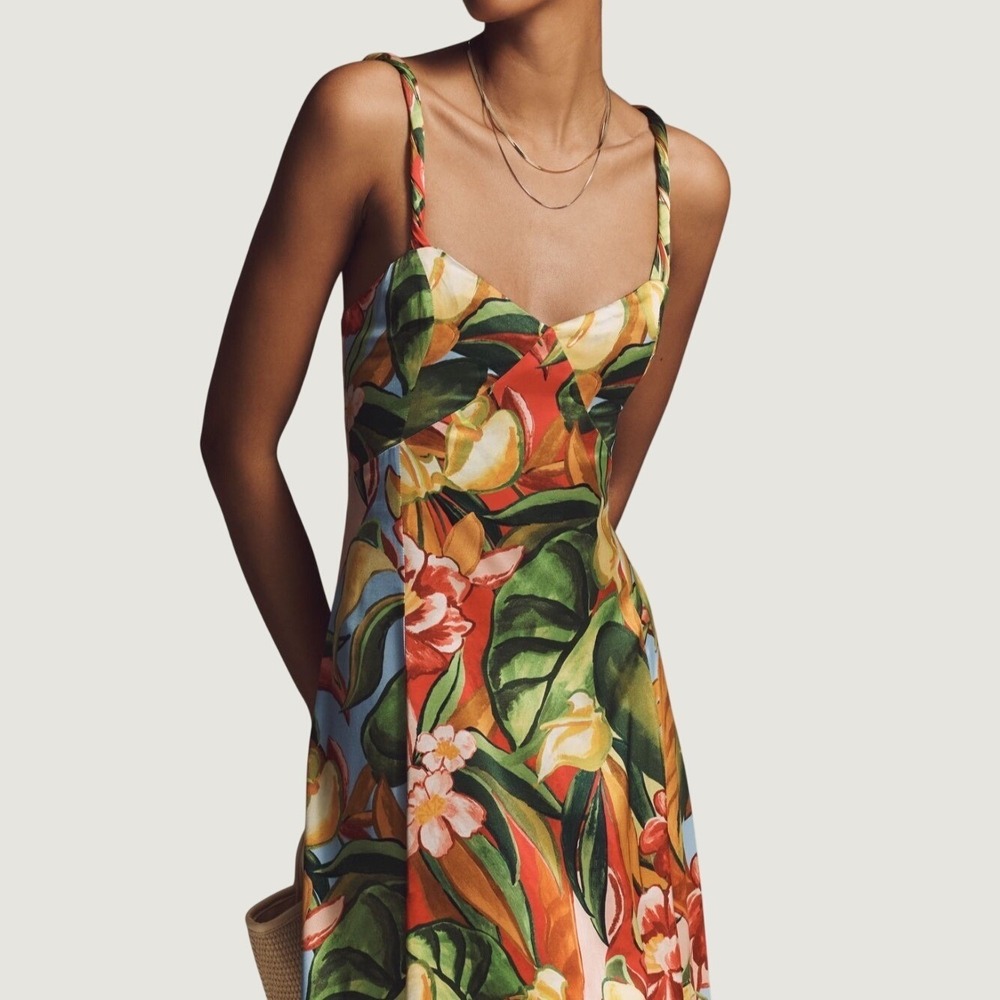 Farm Rio x Anthropologie Maxi Dress S Tropical Floral Bare Sweetheart Red Multi - Picture 3 of 7